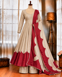 Pure Roman Silk Gown with Embroidery, Tassels & Fancy Sleeves