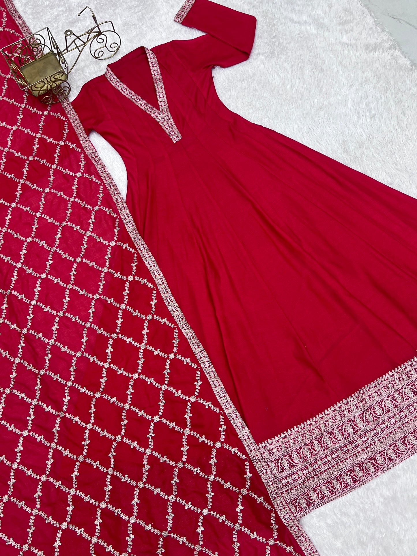 Beautifull Blooming Vichitra Silk With Fancy Lace Work Anarakali