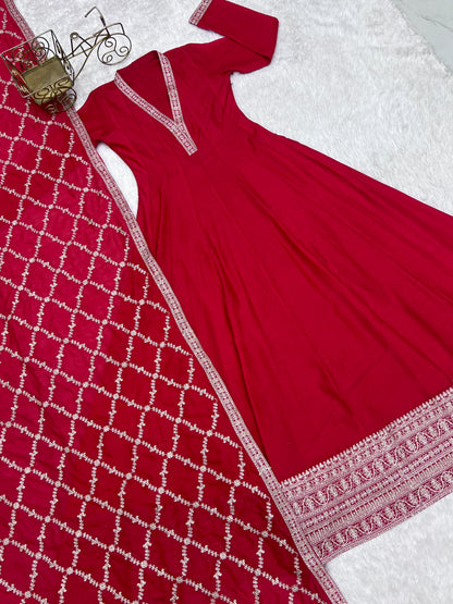 Beautifull Blooming Vichitra Silk With Fancy Lace Work Anarakali