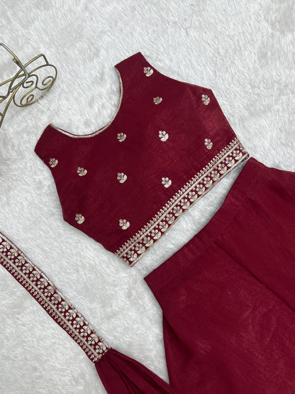 Crunchy Silk Embroidery Thread Sequence Work Crop Top Plazzo