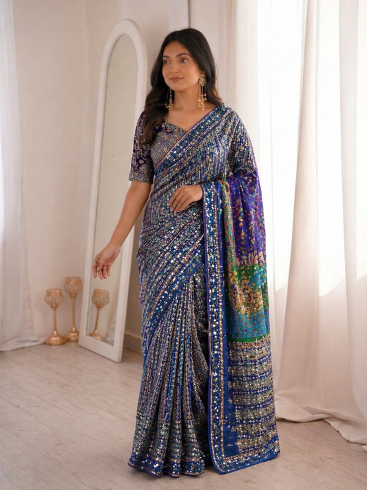 Beautiful Elegant Rich Look Japan Satin Saree With Digital Print Aari Work