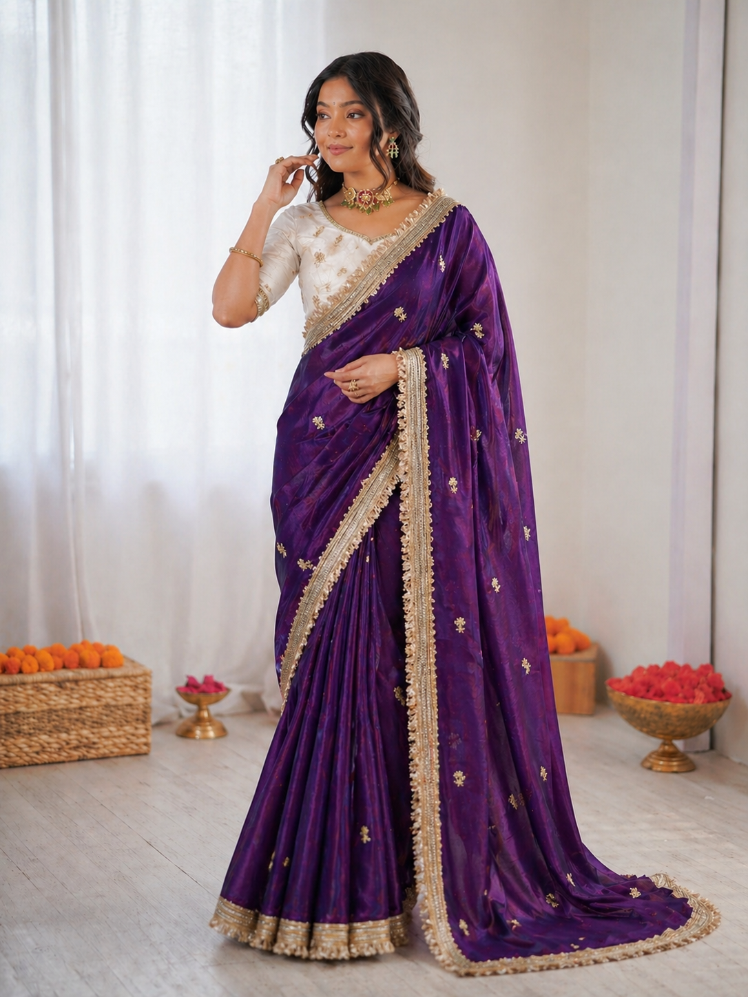 Beautiful Elegant Rich Look Fandy Satin Saree With Sequence Butti & Elegant Designer Lace Border