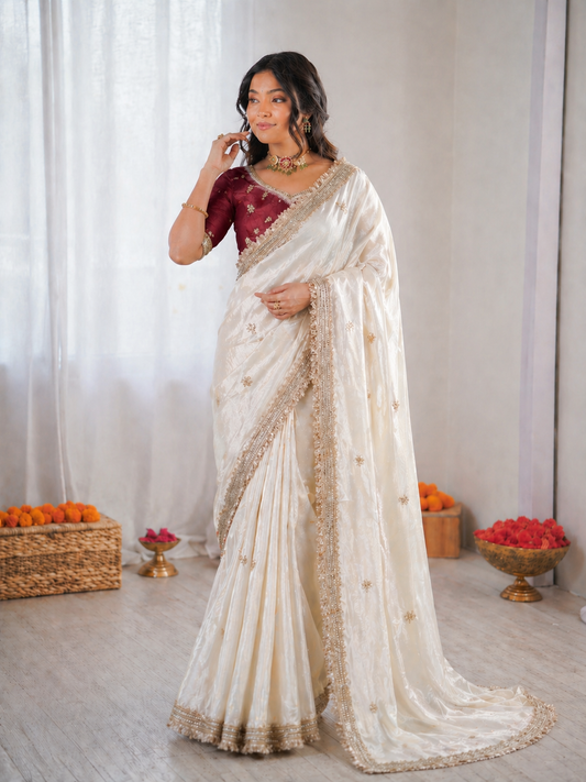 Beautiful Elegant Rich Look Fandy Satin Saree With Sequence Butti & Elegant Designer Lace Border