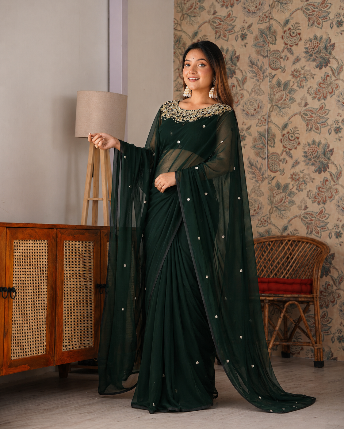 Beautifull Faux Georgette Embroidery With Real Mirror Work Saree