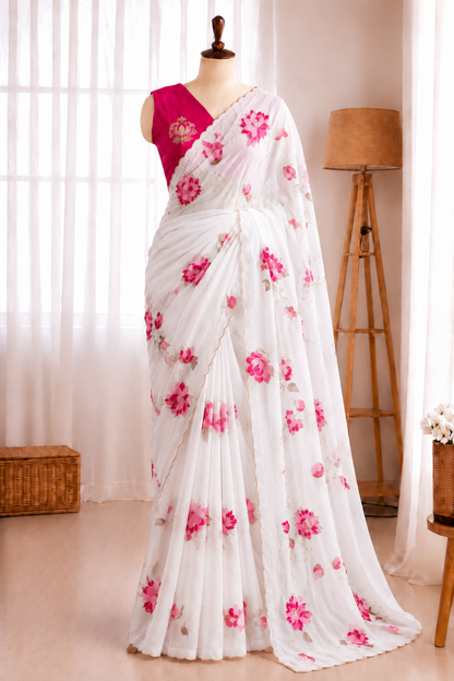 Soft Taby Silk Flower Digital Print Cutdana Work Saree