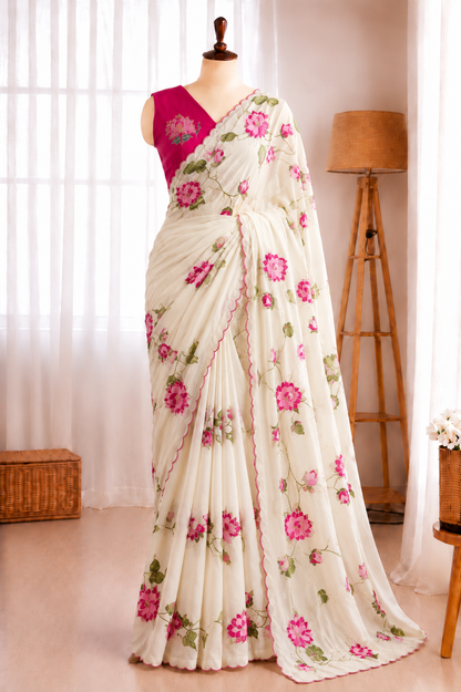 Soft Taby Silk Flower Digital Print Cutdana Work Saree