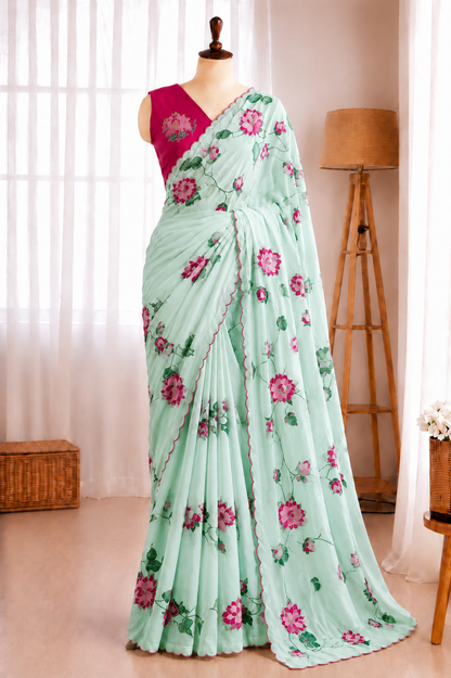 Soft Taby Silk Flower Digital Print Cutdana Work Saree