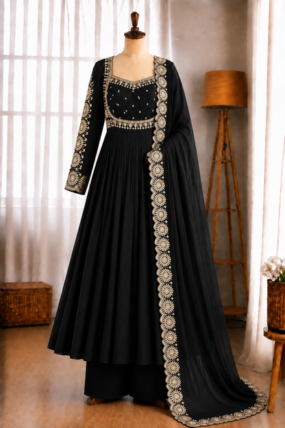 Roman Silk Embroidery Sequence Work Gown Set