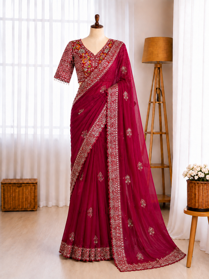 Butterfly Net Sequins Multi Thread Embroidery Mirror Work Saree