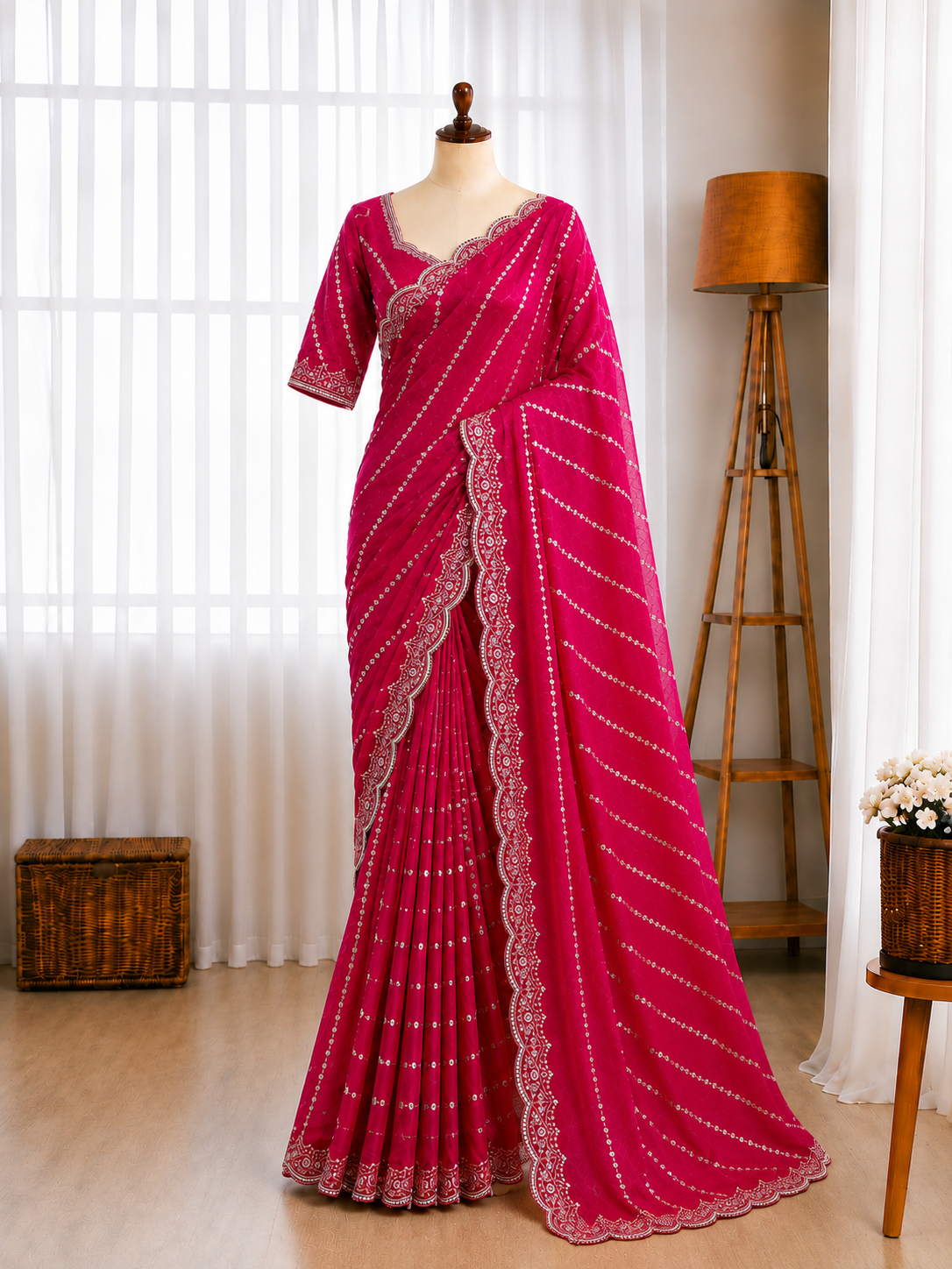 Fendy Satin Lehariya Cutdana Sequins Embroidery Work Saree