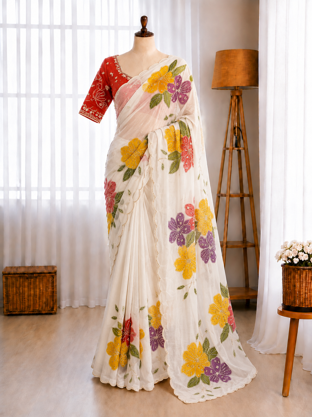 Soft Tabby Silk Floral Print Beads Sequins Handwork Saree