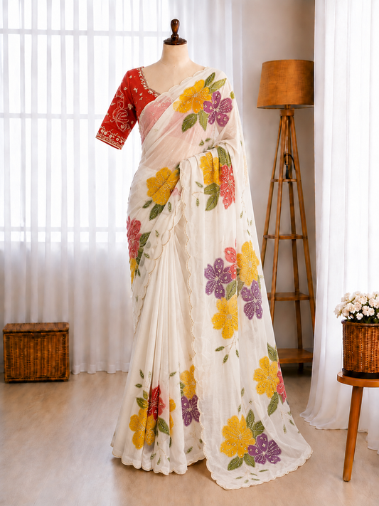 Soft Tabby Silk Floral Print Beads Sequins Handwork Saree