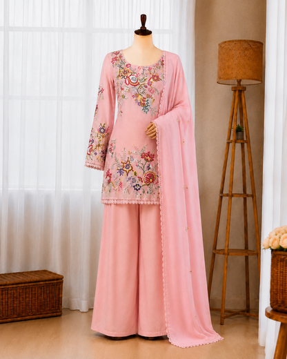 Crape Silk Sequence Embroidery Lace Work Top Salwar