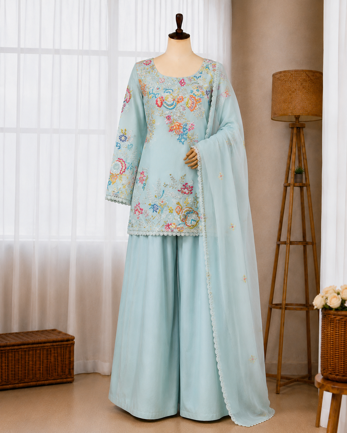 Crape Silk Sequence Embroidery Lace Work Top Salwar