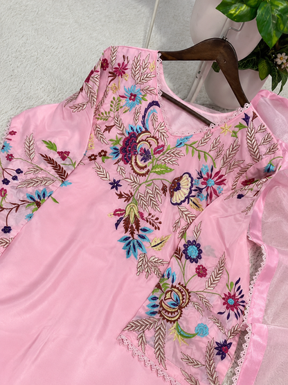 Crape Silk Sequence Embroidery Lace Work Top Salwar