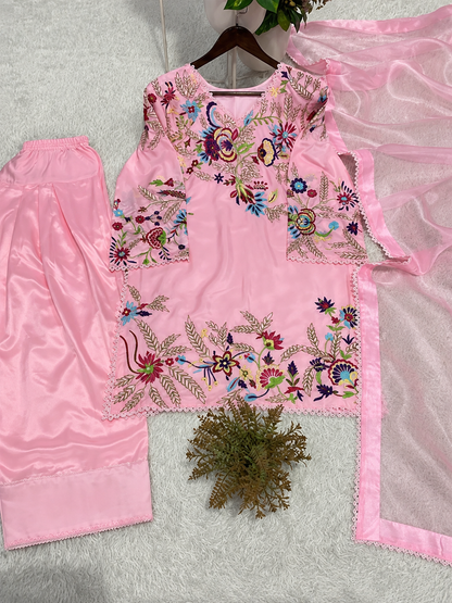 Crape Silk Sequence Embroidery Lace Work Top Salwar
