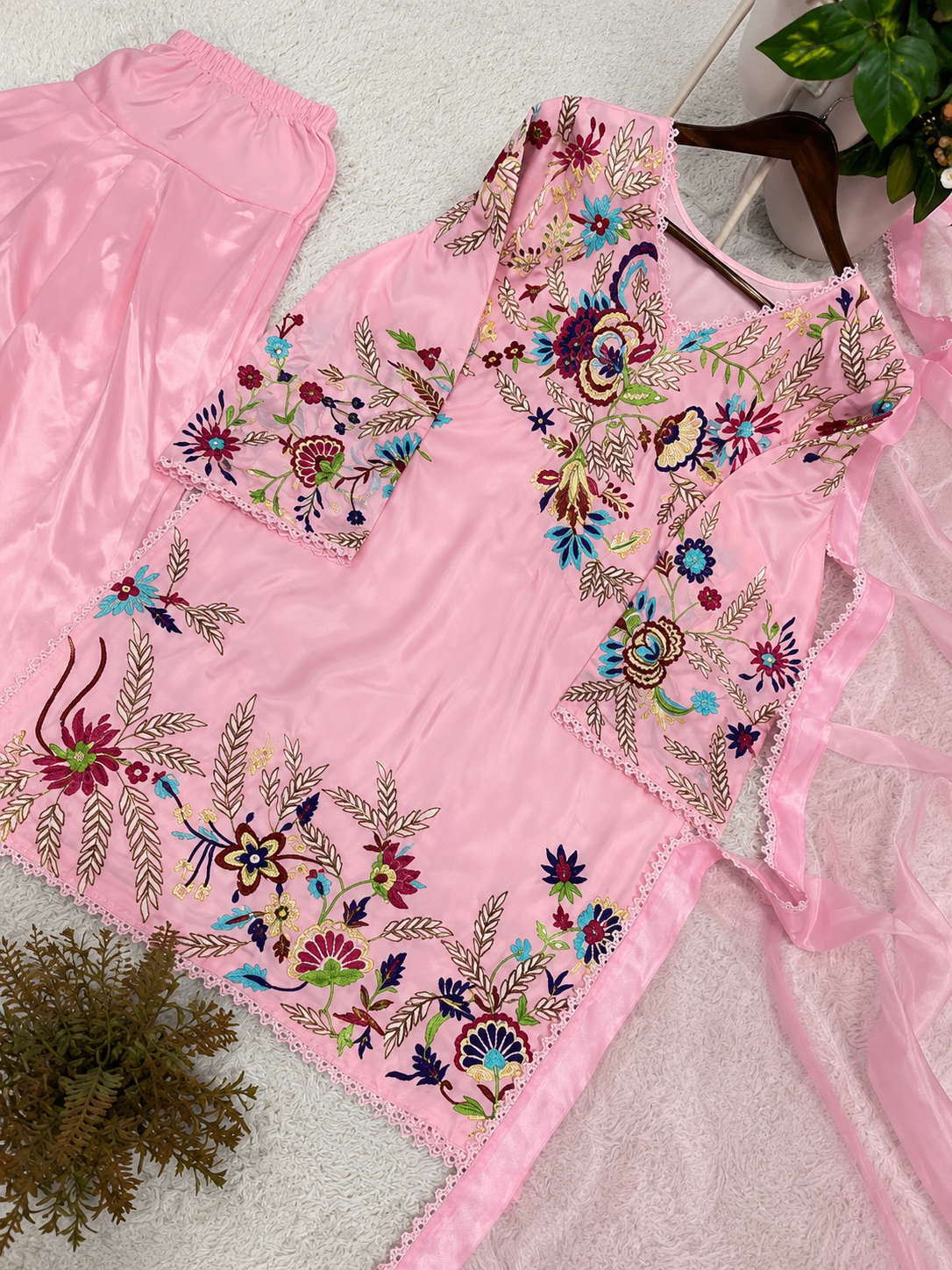 Crape Silk Sequence Embroidery Lace Work Top Salwar