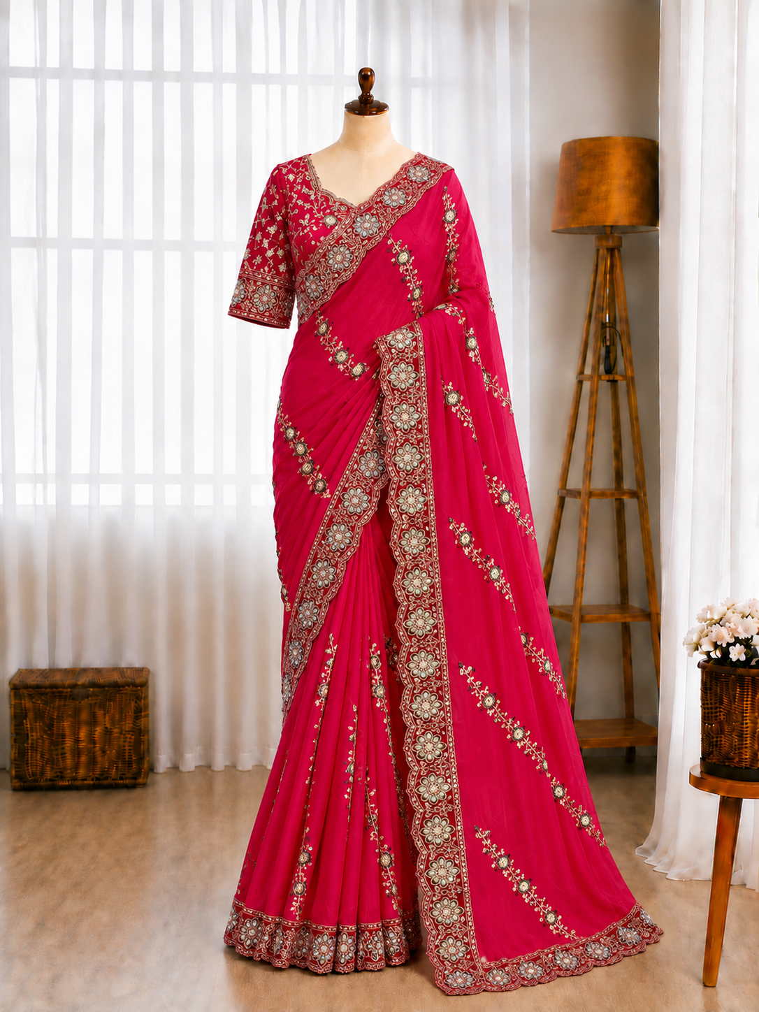 Pure Rangoli Silk Multi Embroidery Cut Work Lace Saree