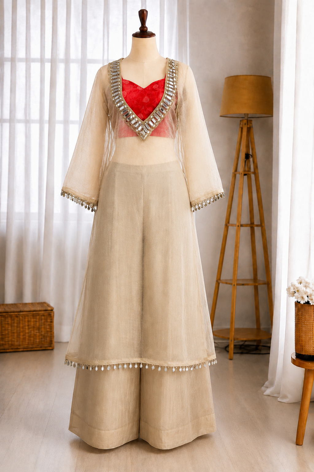 Golden Tissue Salsa Mirror Work Kurta Palazzo