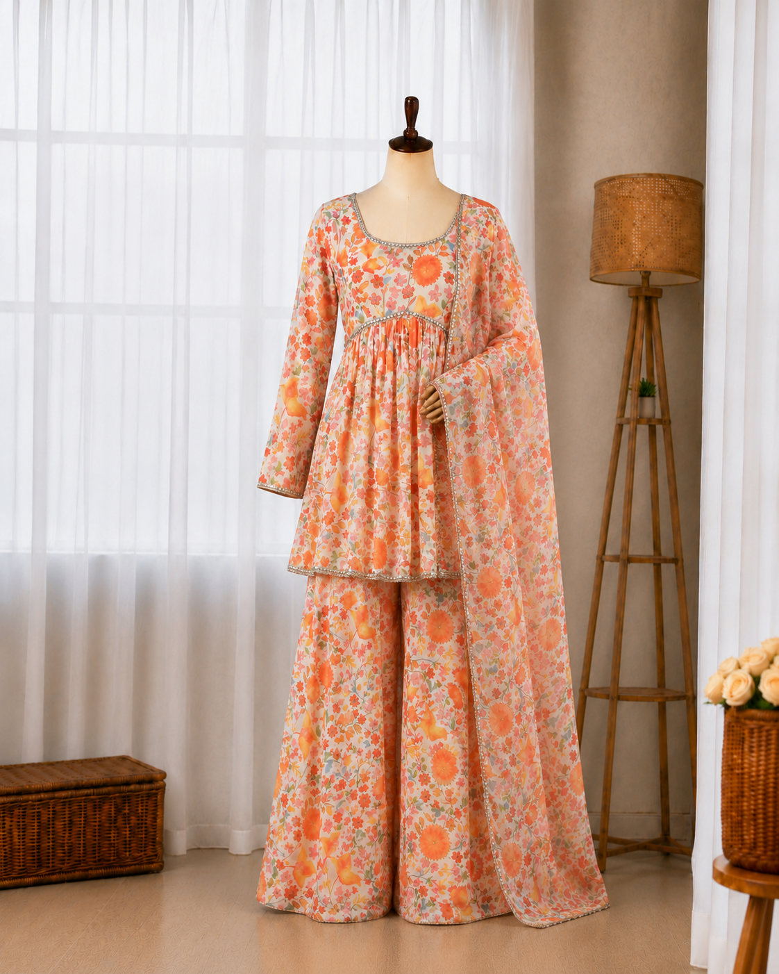 Pure Tabby Organza Mirror Print Kediya Kurta Palazzo