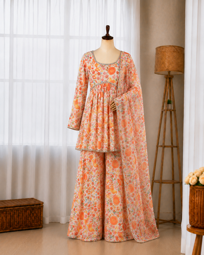 Pure Tabby Organza Mirror Print Kediya Kurta Palazzo