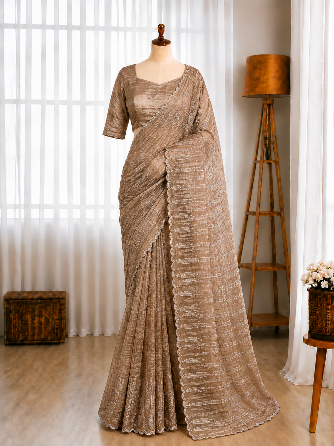 Muscut Silk Turkish Organza Thread Sequins Embroidery Work Saree