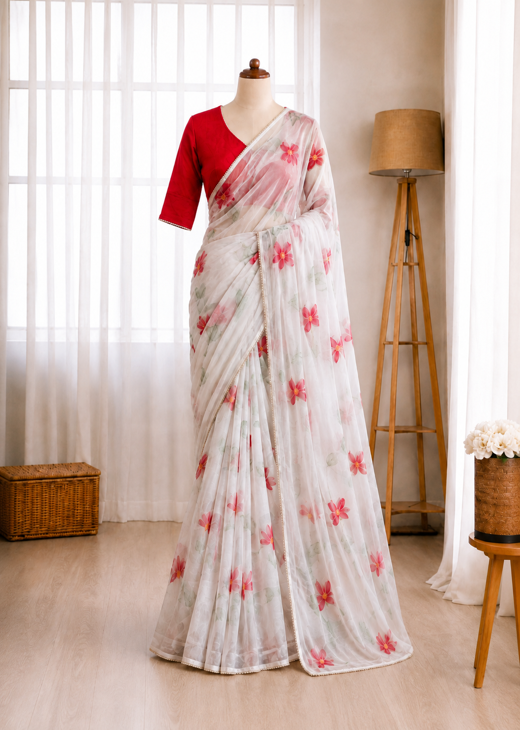 Pure Georgette Chiffon Handbrush Painted Foil Pearl Lace Saree