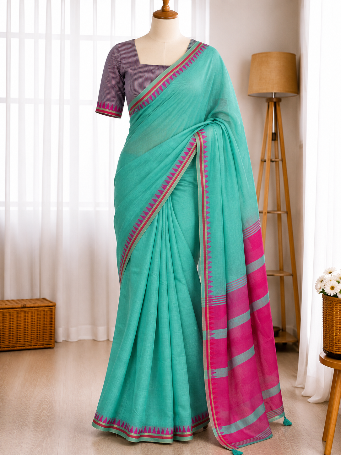 Linen Cotton Motif Zari Thread Weaving Jacquard Saree