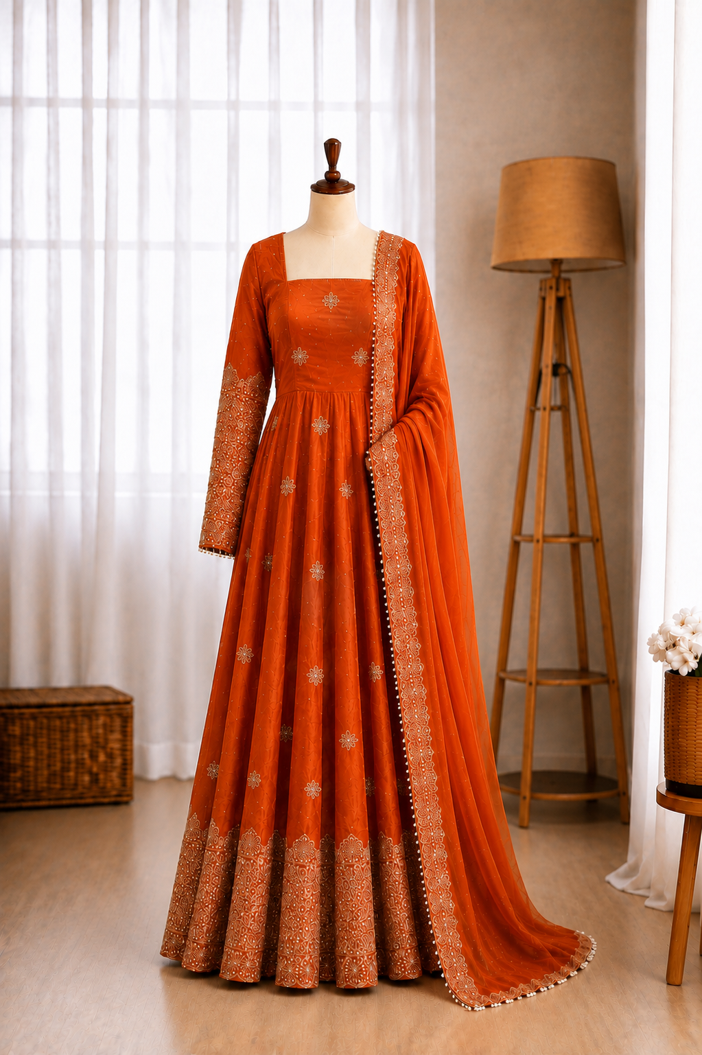 Fendy Silk Sequins Embroidery Work Gown