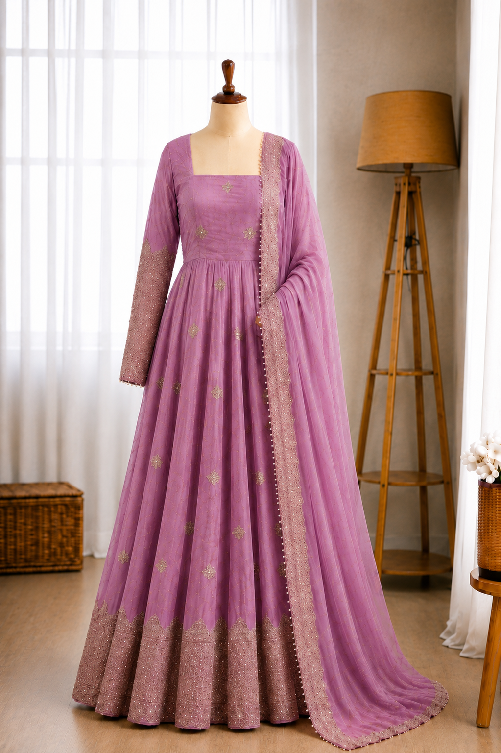 Fendy Silk Sequins Embroidery Work Gown