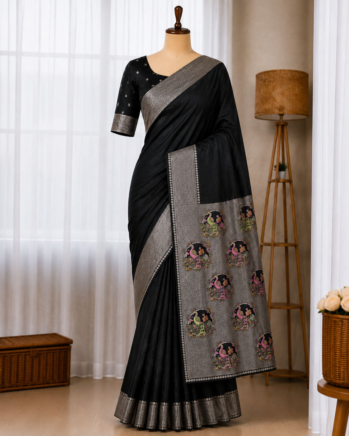Mushroom Satin Silk With Zari Work Saree