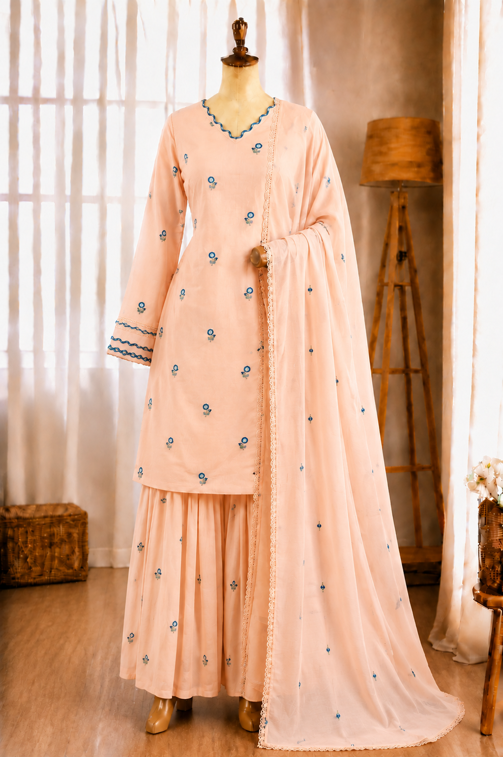 Pure Satin Mul Chandheri Embroidery Work Top Plazzo