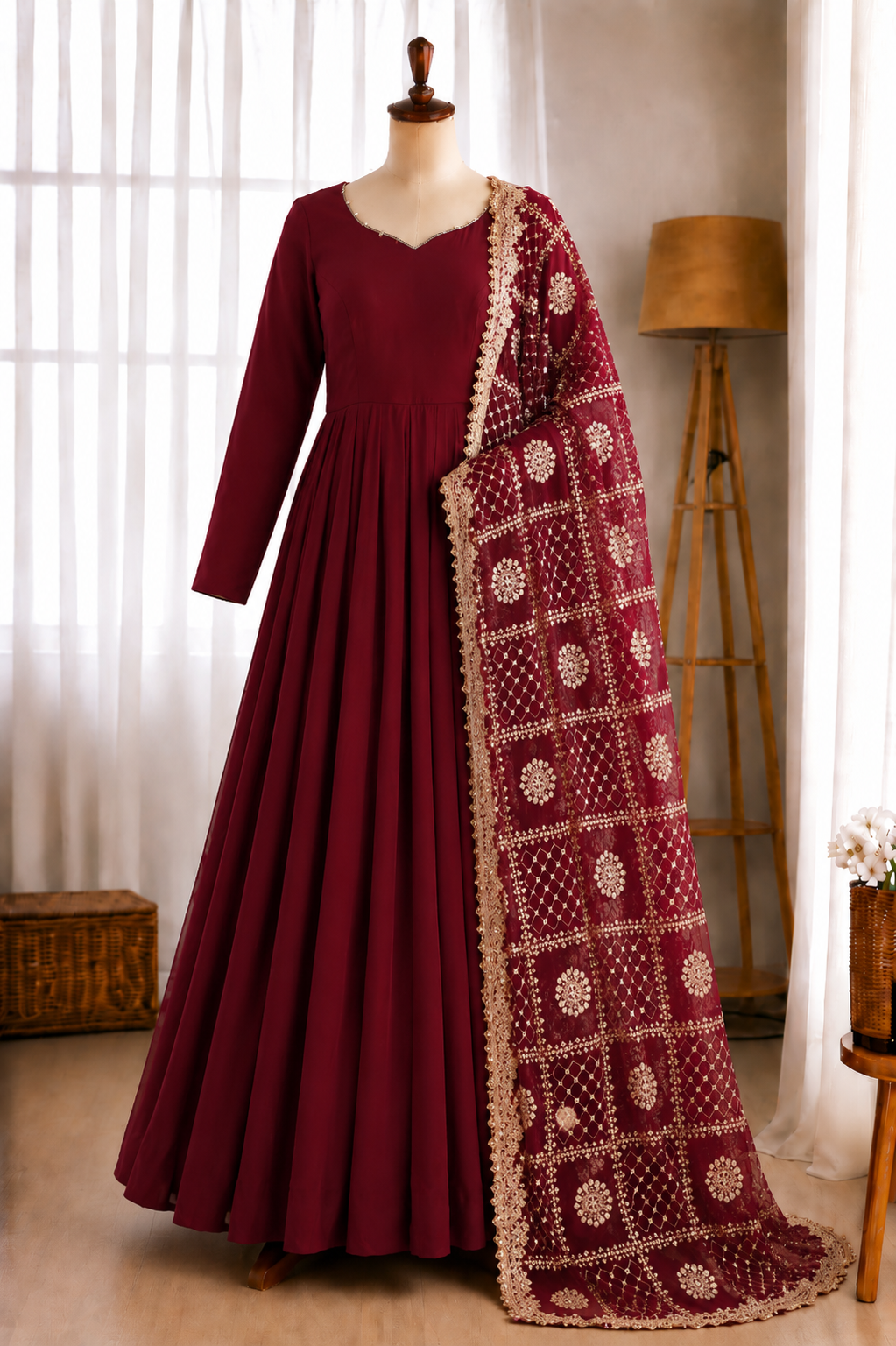 Pure Roman Silk Chanderi Embroidery Sequence Work Gown