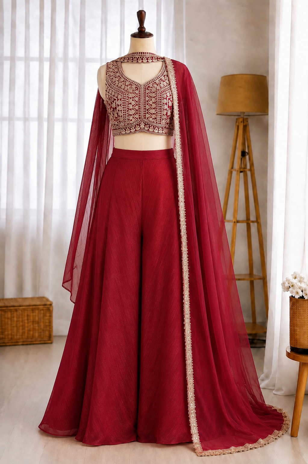 Crunchy Silk Embroidery Thread Sequence Work Crop Top Plazzo