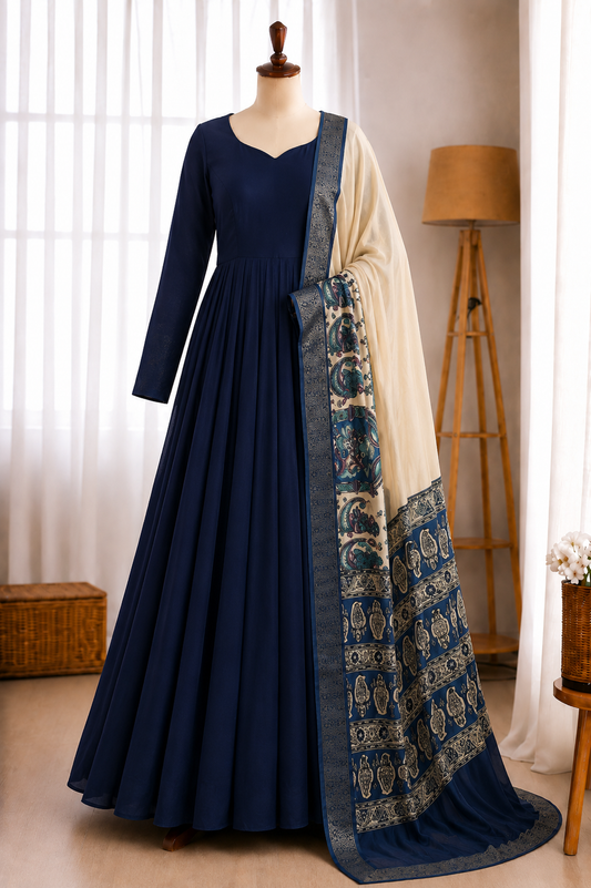 Blooming Vichithra Silk Kalamkari Dupatta Gown
