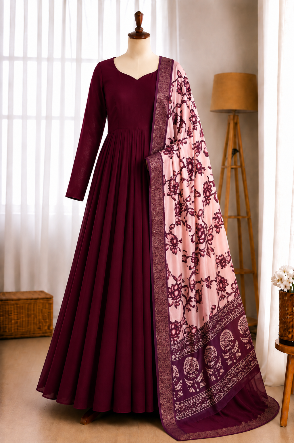 Blooming Vichithra Silk Kalamkari Dupatta Gown
