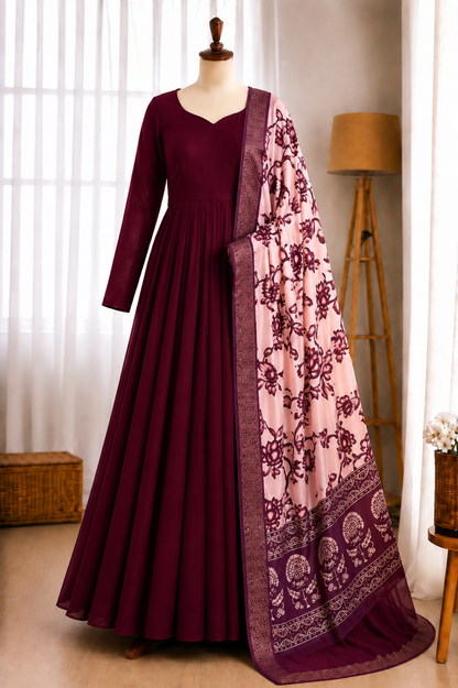 Blooming Vichithra Silk Kalamkari Dupatta Gown