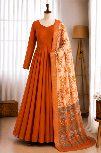 Blooming Vichithra Silk Kalamkari Dupatta Gown
