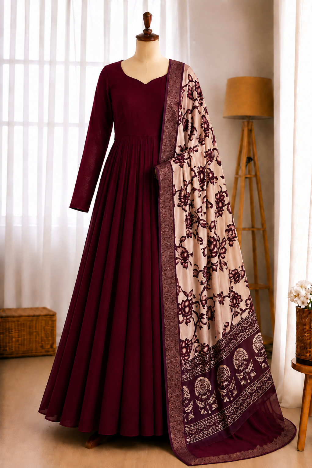 Blooming Vichithra Silk Kalamkari Dupatta Gown