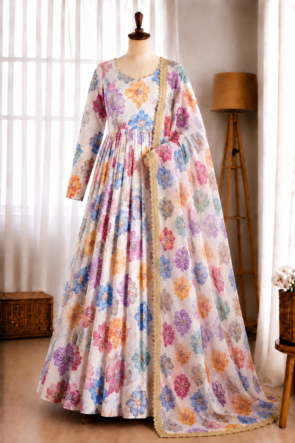 Printed Organza Yoke Embroidery Work Gown