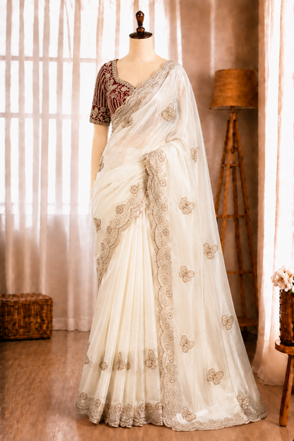Soft Frendy Satin Sequence Zari Embroidery Designer Saree