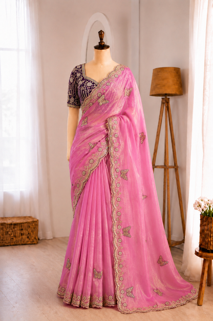 Soft Frendy Satin Sequence Zari Embroidery Designer Saree