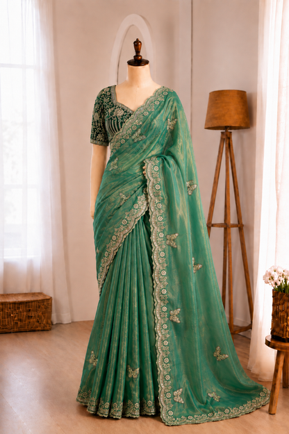 Soft Frendy Satin Sequence Zari Embroidery Designer Saree