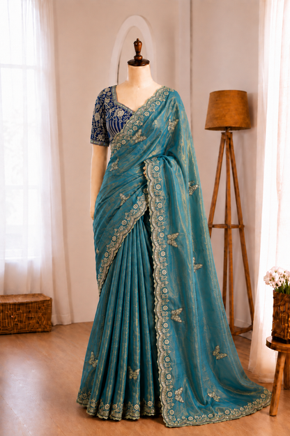 Soft Frendy Satin Sequence Zari Embroidery Designer Saree