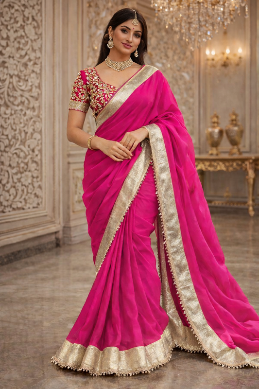 Beautifull Soft Georgette Sequience Lace Border Work Saree