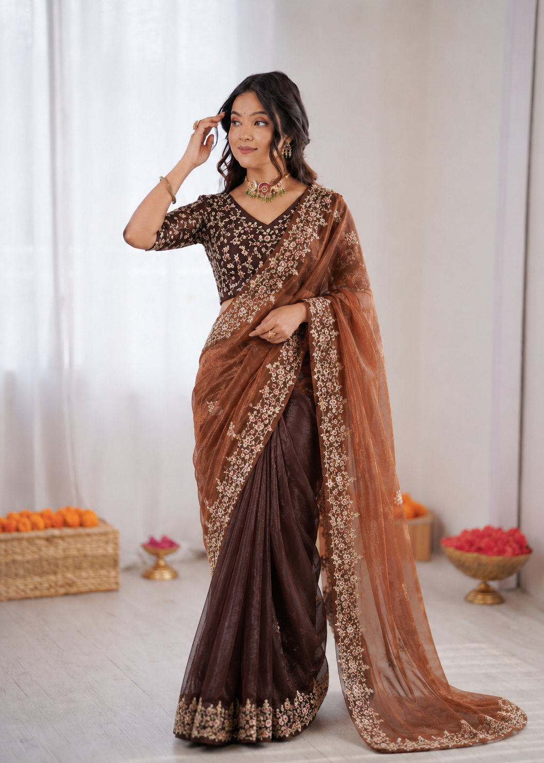 Two Tone Fandy Chiffon Embroidered Saree