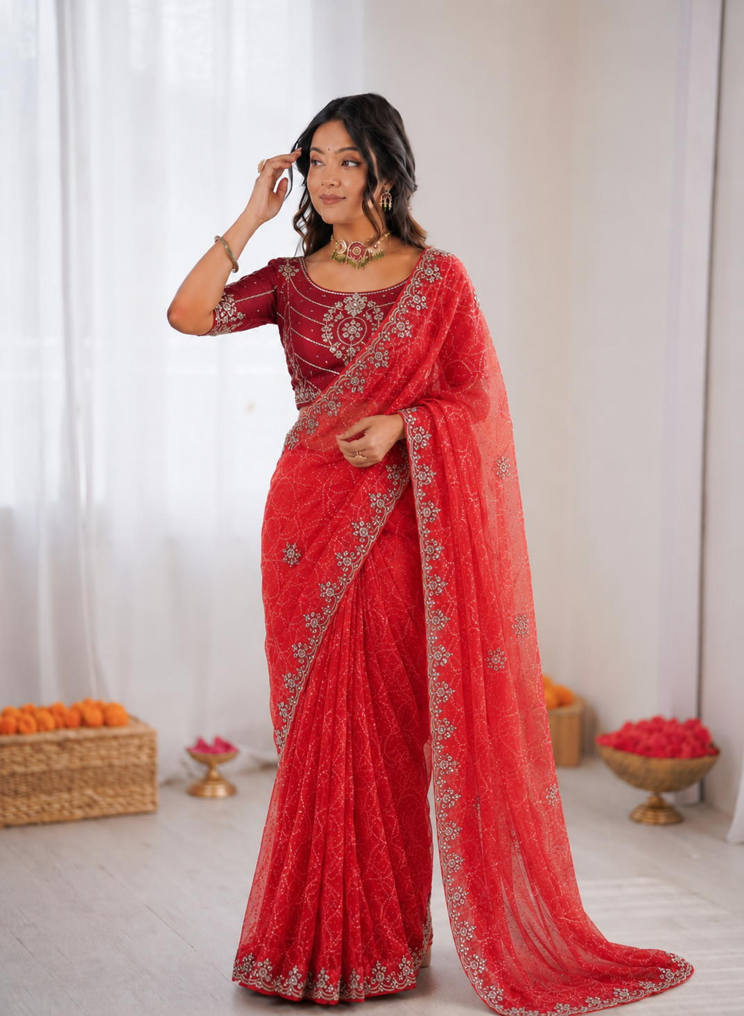 Pure Waree Chiffon Handwork Saree
