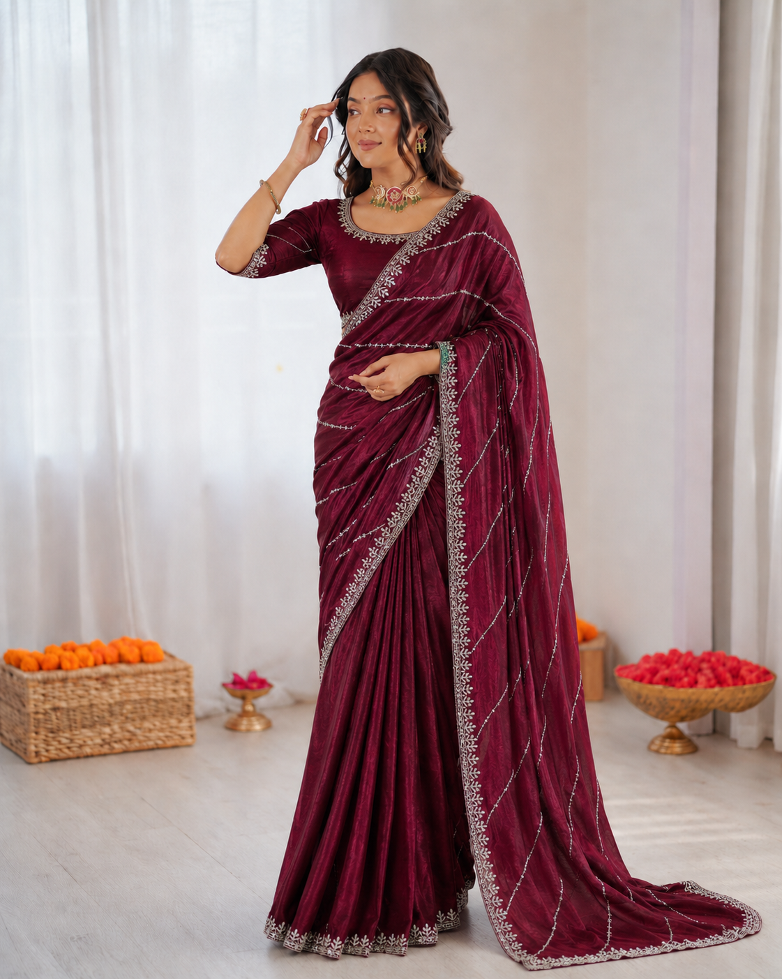Burberry Chiffon Khatli Handwork Saree Set