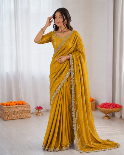 Burberry Chiffon Khatli Handwork Saree Set