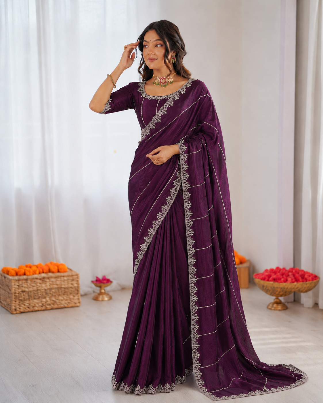 Burberry Chiffon Khatli Handwork Saree Set